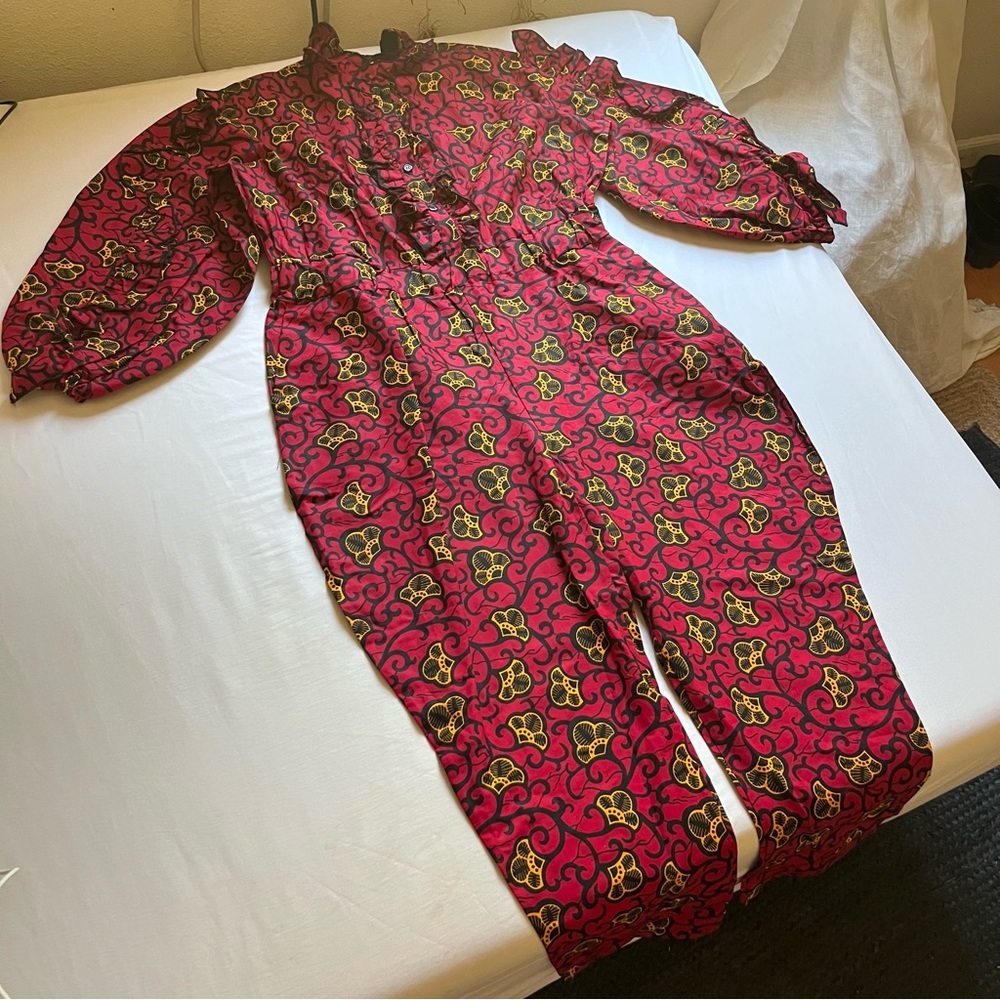 GRASS FIELDS red printed ruffle collar puff‎ long sleeve cropped jumpsuit